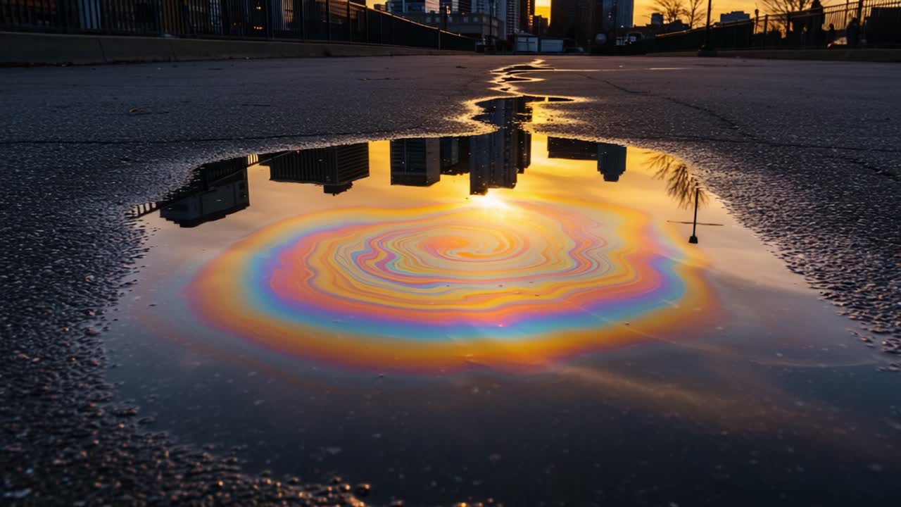 Stunning Reflective Swirl: A Vibrant Reflection of Colors in a Puddle During Sunset Over Urban Landscape