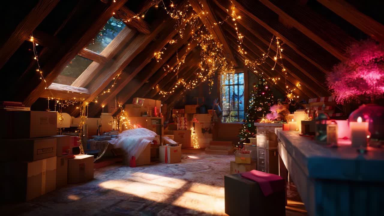 A Cozy Attic Transformed into a Magical Holiday Retreat, Adorned with Twinkling Lights, Colorful Presents, and a Lush Christmas Tree, Creating an Enchanting Atmosphere Perfect for Celebrations