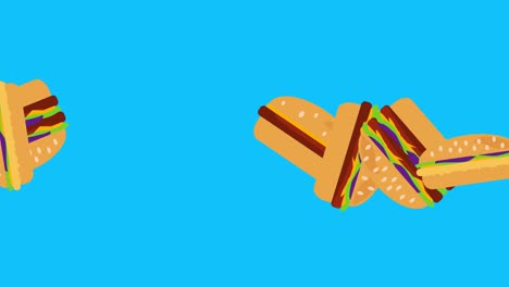 animación en stop motion de hamburguesas, diseño gráfico plano, tecla de croma de pantalla azul