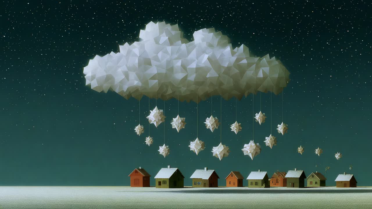 A whimsical winter landscape with a low-poly cloud raining down stylized snowflakes over quaint, colorful houses, creating a serene and enchanting atmosphere under a starry night sky, filled with charming geometry