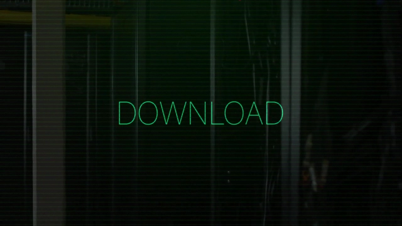 DOWNLOAD verde-neon com falhas enquanto estática verde surge, depois desaparecendo, sinalizando o reinício do download.