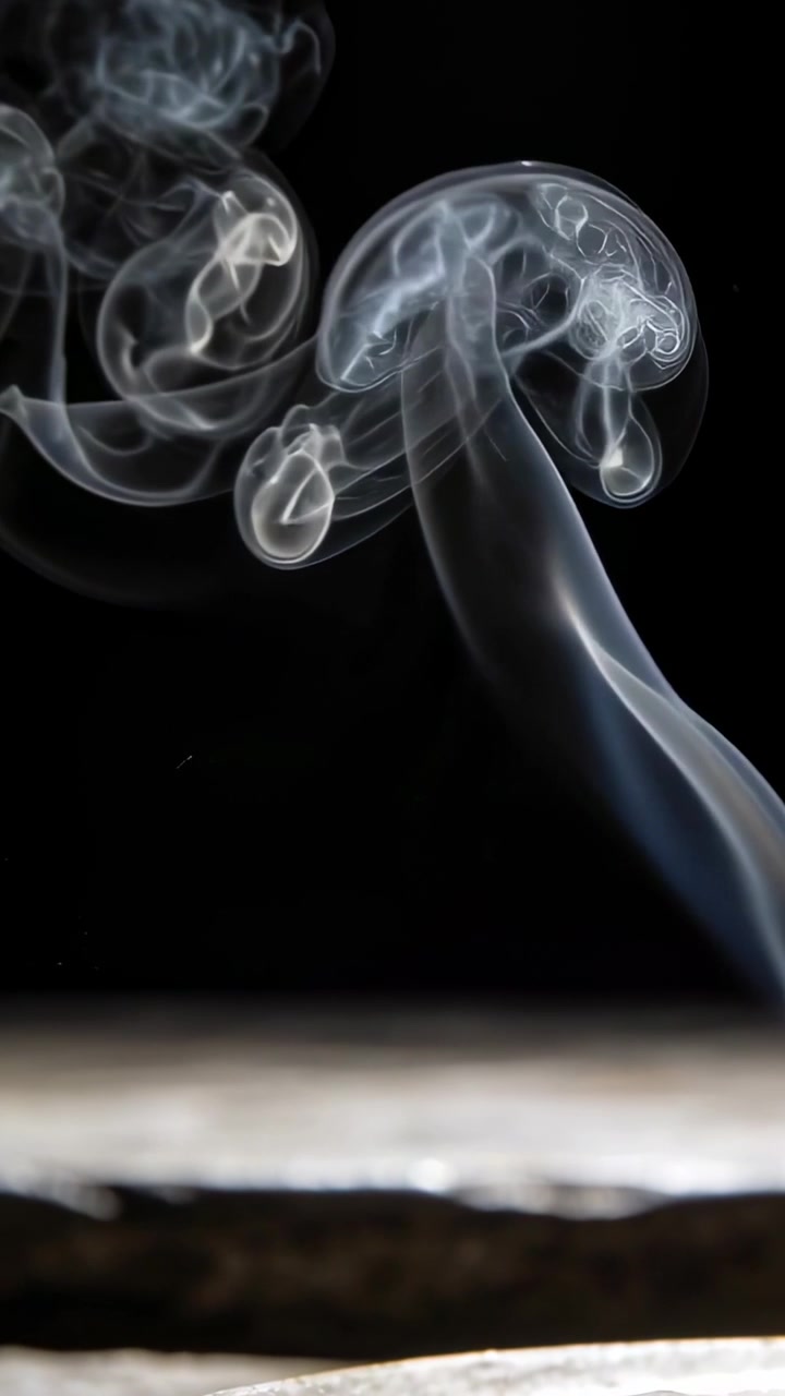 Vertical video: Rising smoke plume forming spirals above table edge on black, coming from ember