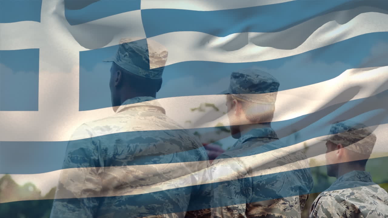 animación de la bandera de grecia sobre varios soldados