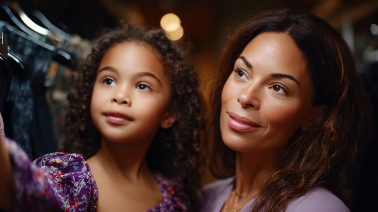 A Heartwarming Moment Between a Mother and Daughter as They Explore Fashion Choices Together, Captured in a Cozy Boutique Setting with Soft Lighting and a Sense of Connection and Joy