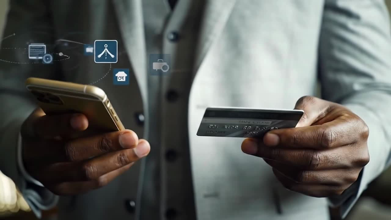 Hands Holding Gold Phone and Credit Card for Payment