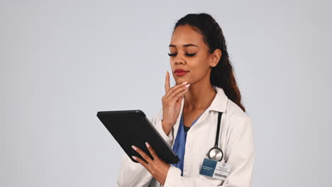 Doctor,-woman-thinking-and-tablet-for-medical