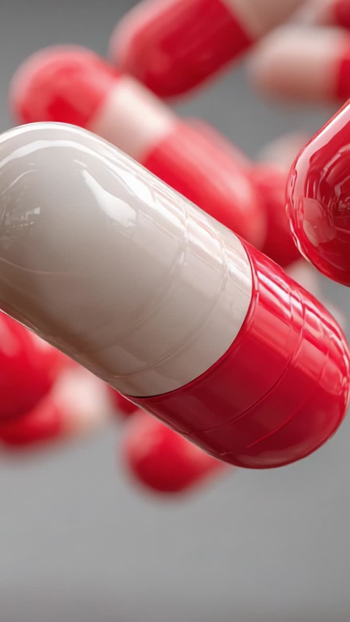 Una prospettiva ravvicinata di capsule rosse e bianche in movimento, che rappresentano la medicina e le innovazioni nel settore sanitario e farmaceutico