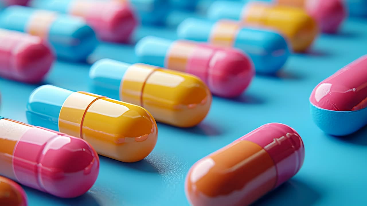 Colorful capsules on blue surface. Capsules of various colors are arranged on a blue surface. The scene shows many capsules in pink, yellow, and blue