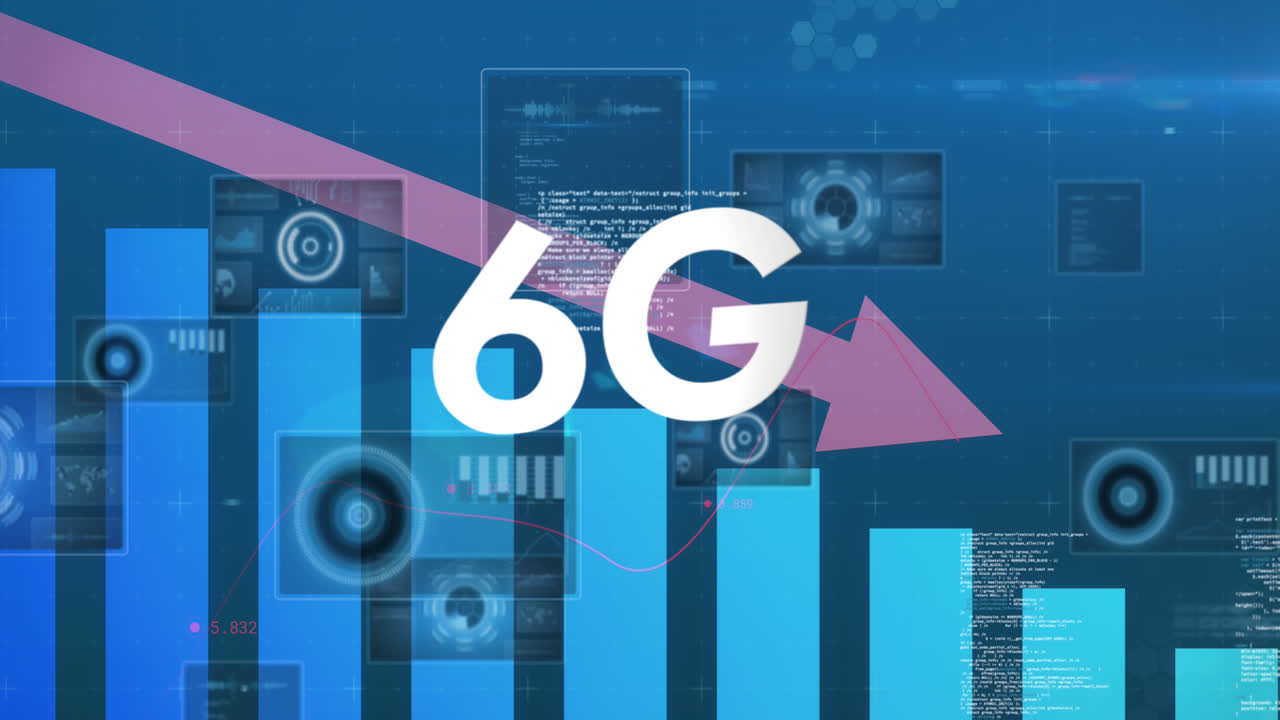 6g 텍스트의 애니메이션, 데이터 처리 및 스 스캔 화면에서 분홍색 화살표가 내려갑니다.