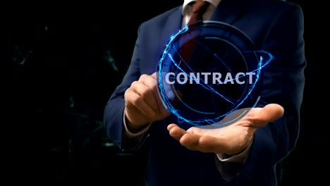 el hombre de negocios muestra el concepto de holograma del contrato en su mano.