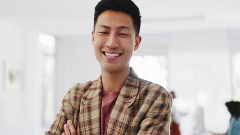 arms crossed, pride and face of an asian man