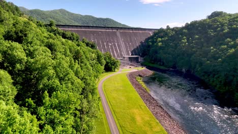 aerial push in to reveal fontana dam and fontana lake in north carolina, tva dam