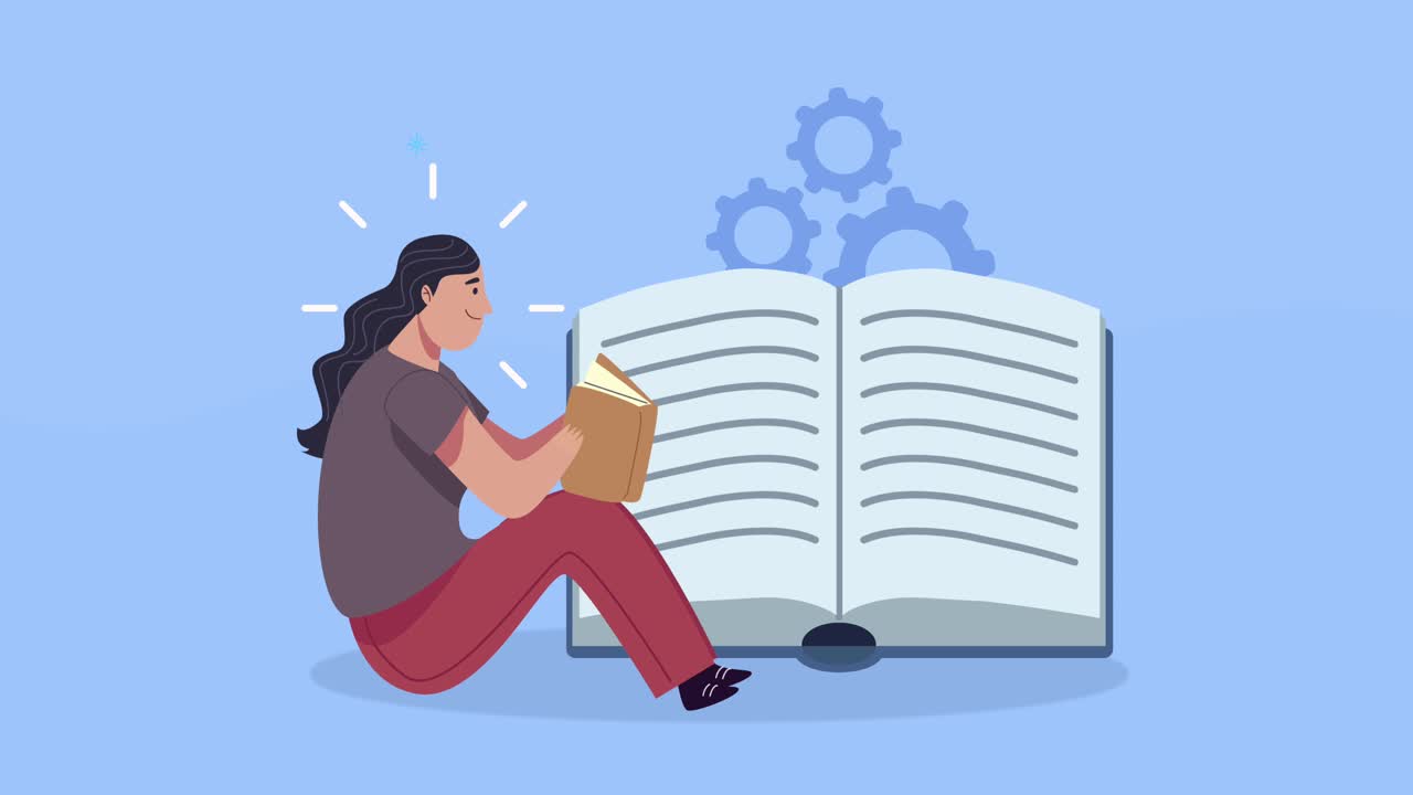 young student girl seated reading book with gears