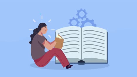 joven estudiante sentada leyendo un libro con engranajes