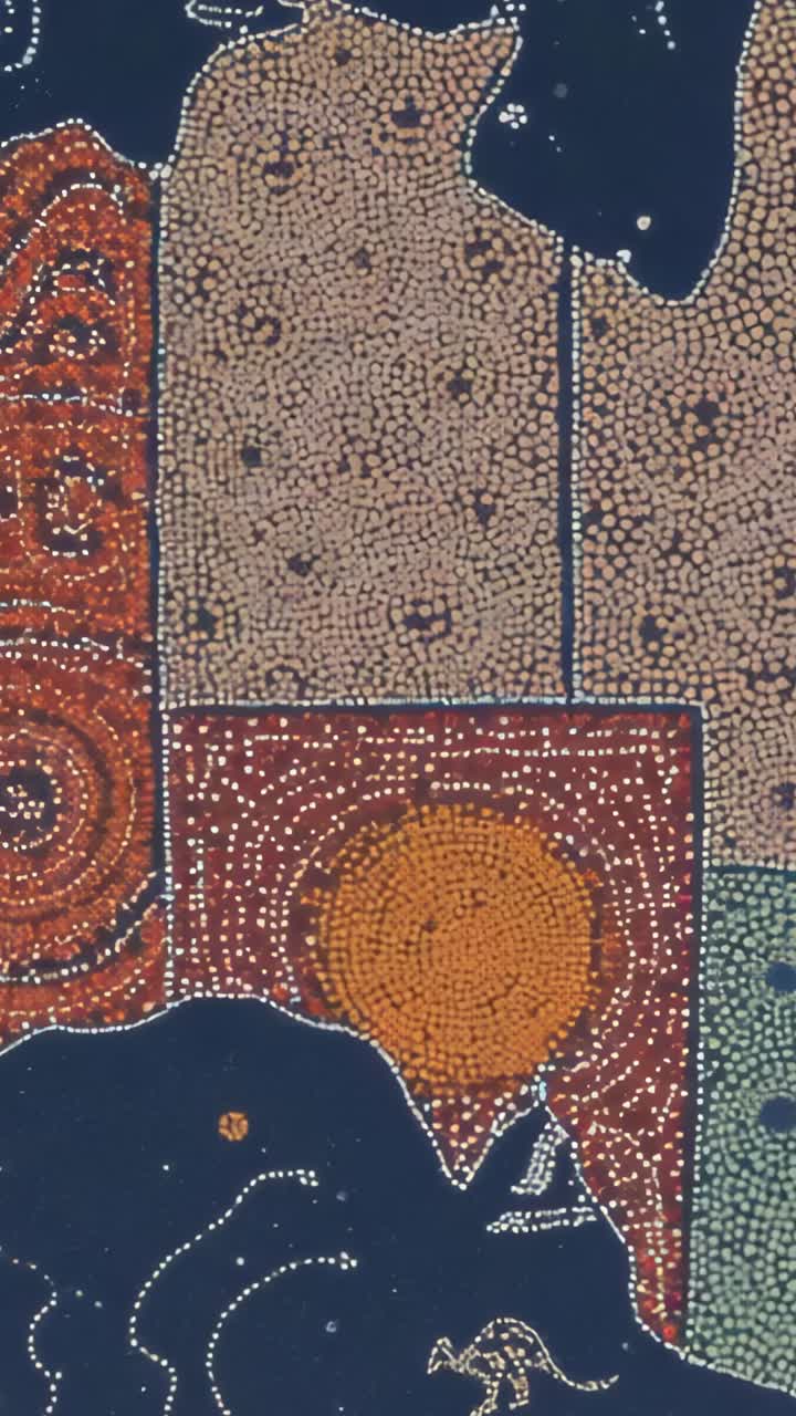 Vertical video: On play, camera capturing Aboriginal dot painting filling screen showing map motifs