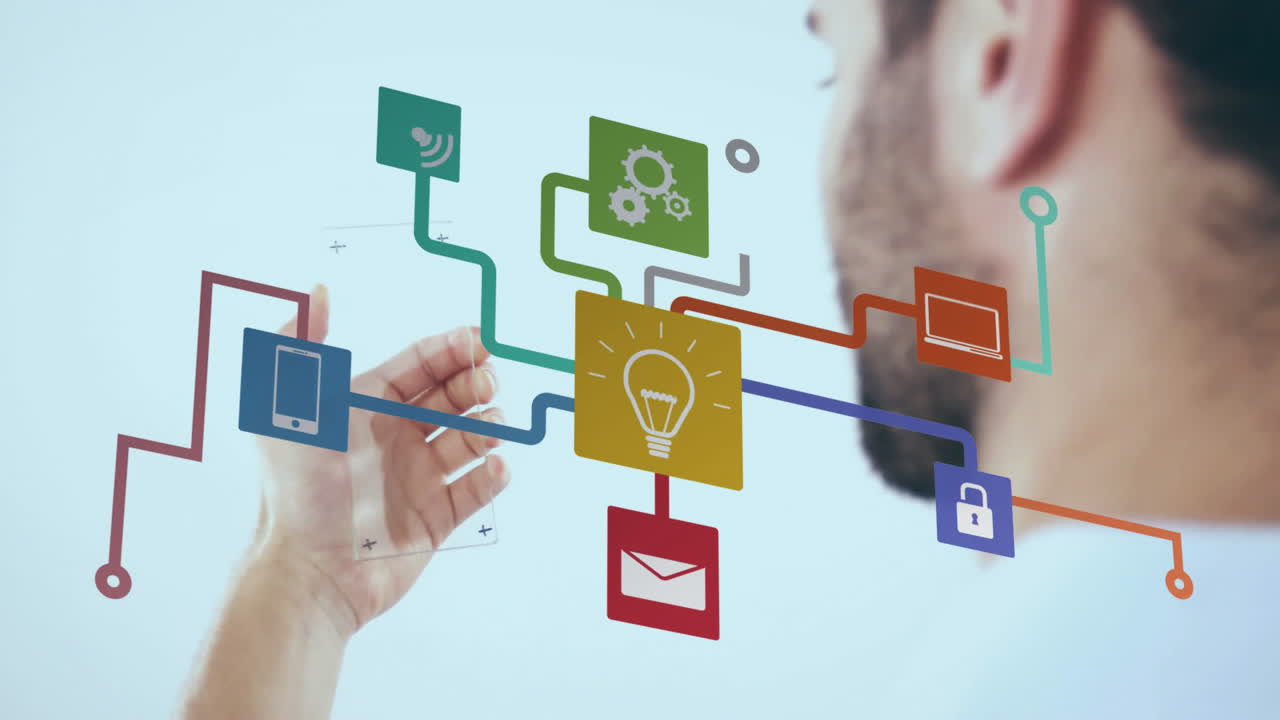 Interacting with colorful animation of technology icons and connections, person focused