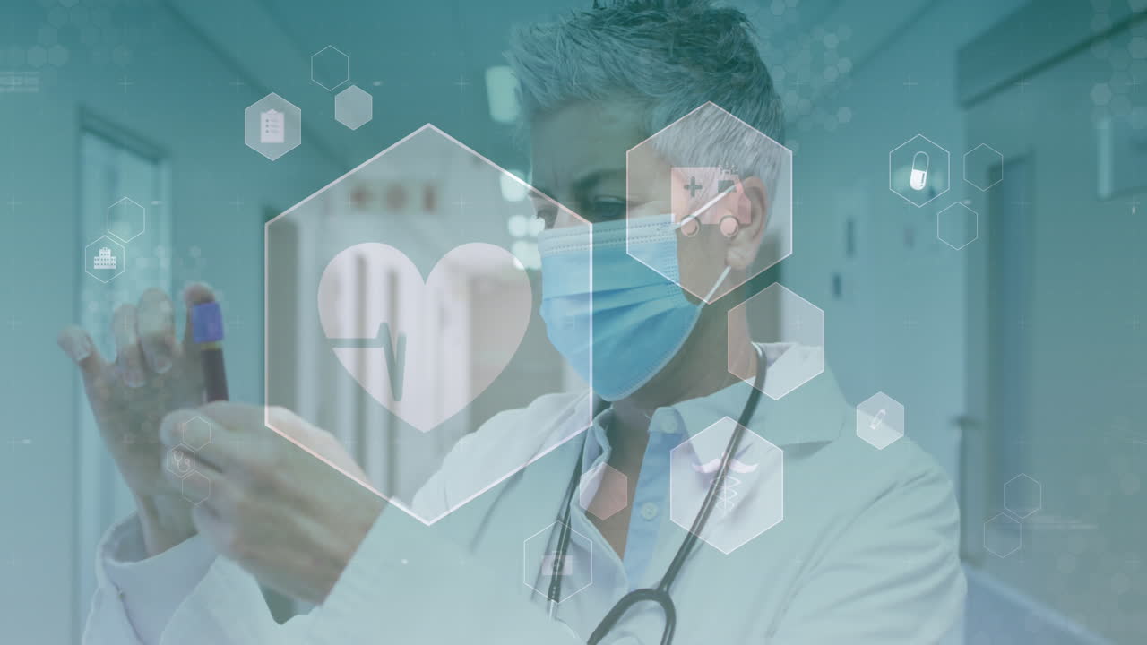 짧은 머리카락을 가진 여러 아이콘의 애니메이션 여성 백인 의사가 혈액 플을 보고 있습니다.