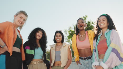 Friends,-diversity-and-portrait-of-group-in-city