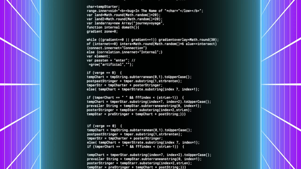 Animation of glitching data processing on black background with glowing purple grid