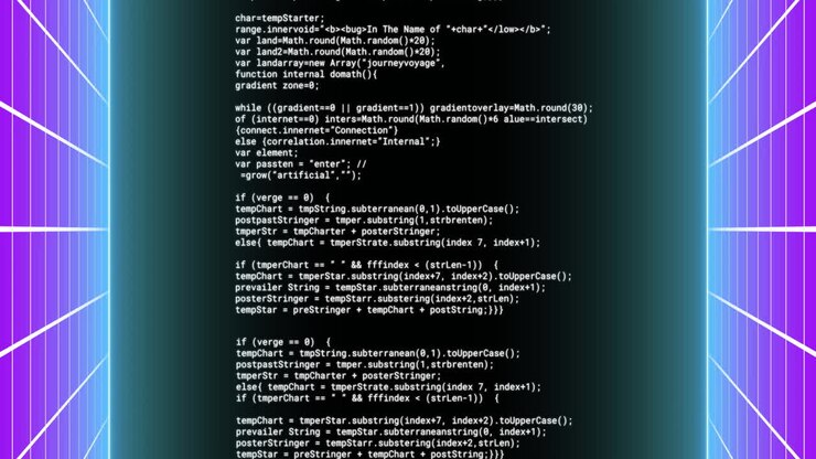 Анимация глитчащей обработки данных на черном фоне со светящейся фиолетовой сеткой