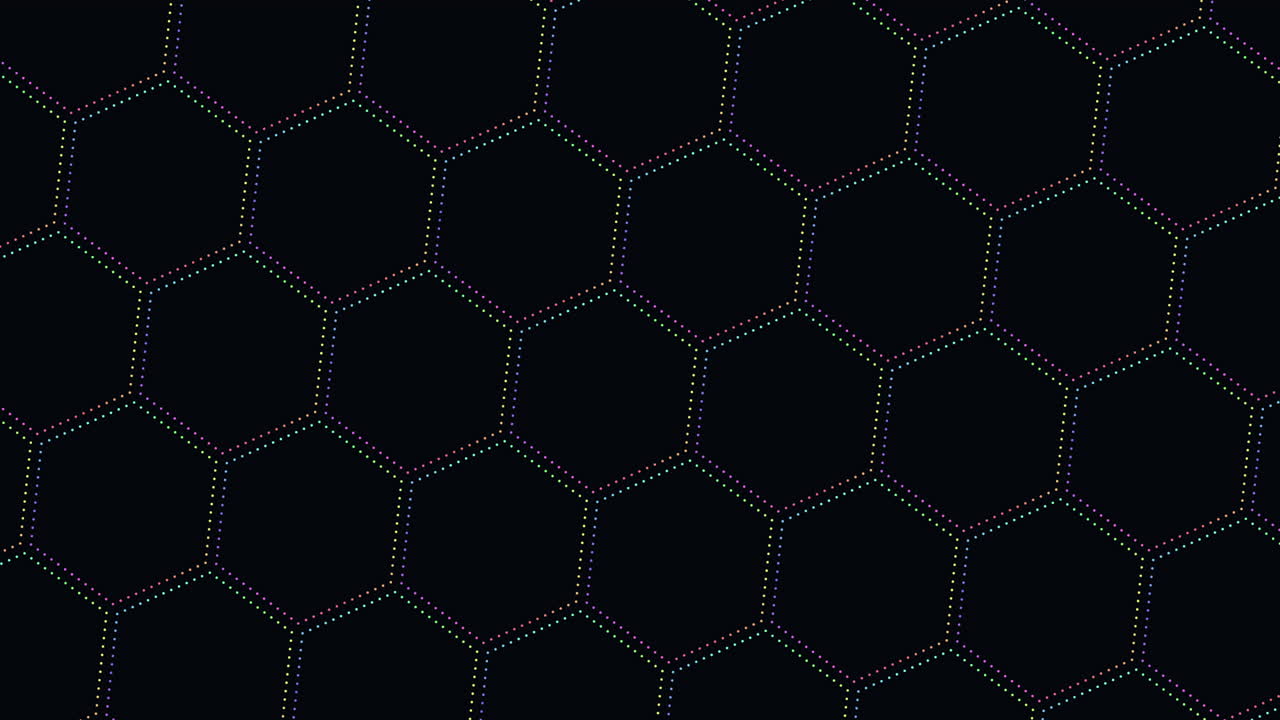 Digital neon hexagons pattern in rows with neon dots on dark gradient