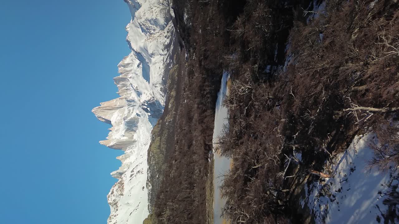 Volo verticale sopra il paesaggio forestale della Patagonia e il Monte Fitz Roy innevato sullo sfondo, illuminato dal sole.