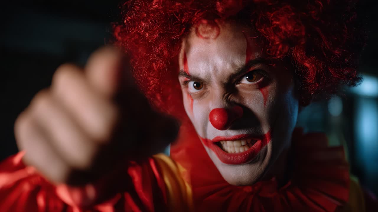 Angry Clown Pointing Aggressively in a Dark Environment, Creating a Tense and Frightening Atmosphere with Intense Expression and Striking Red Hair