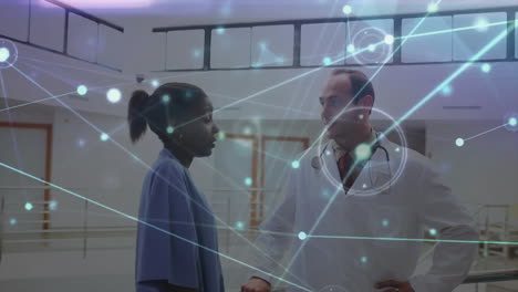network of connections and data processing animation over doctors in hospital
