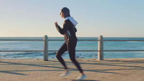 running, woman and muslim with fitness by