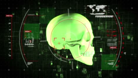 animation of 3d glowing green human skull rotating on black background