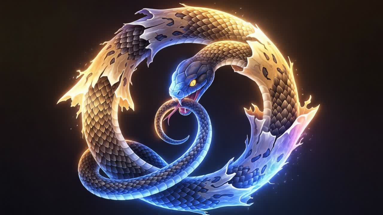 A Stunning Visual Representation of a Mystical Serpent Forming an Endless Loop with Fiery and Icy Elements in a Dark Background