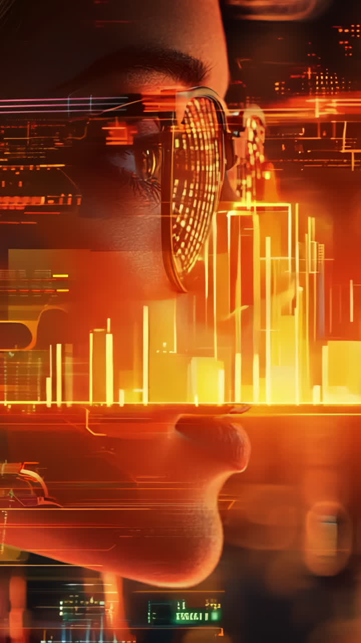 A woman with glasses is looking at a cityscape. The image has a futuristic and urban feel to it