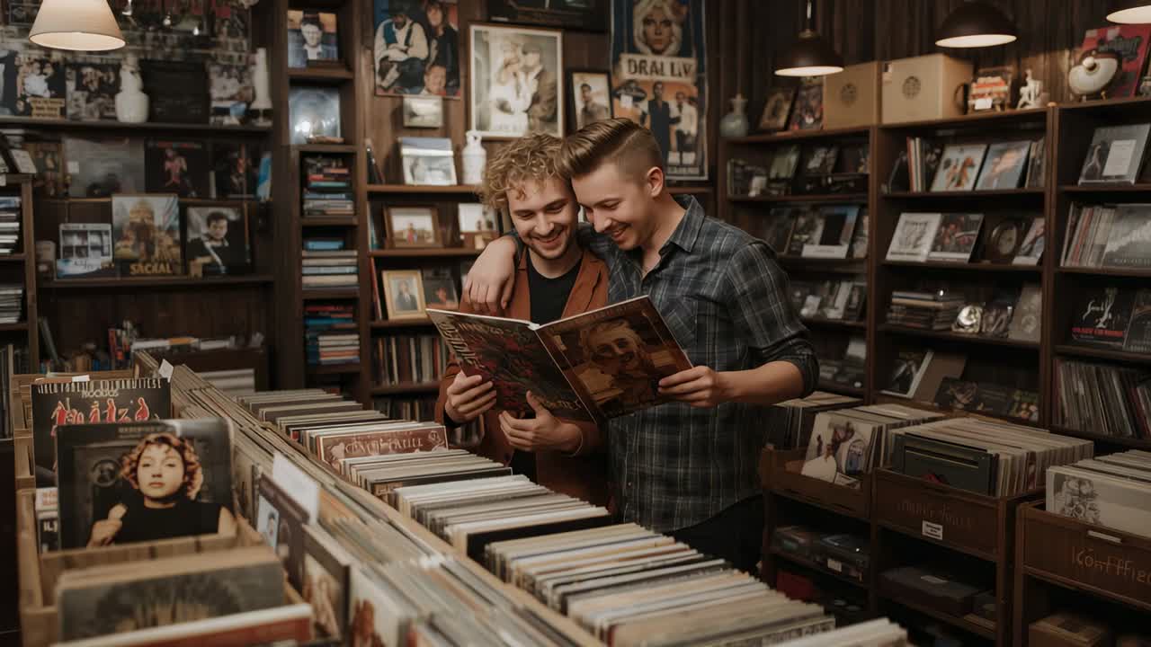 Zwei Männer ziehen Vinyl und betrachten die Hülle in einem Plattenladen, wählen ein Album aus, braune Jacke, kariertes Hemd