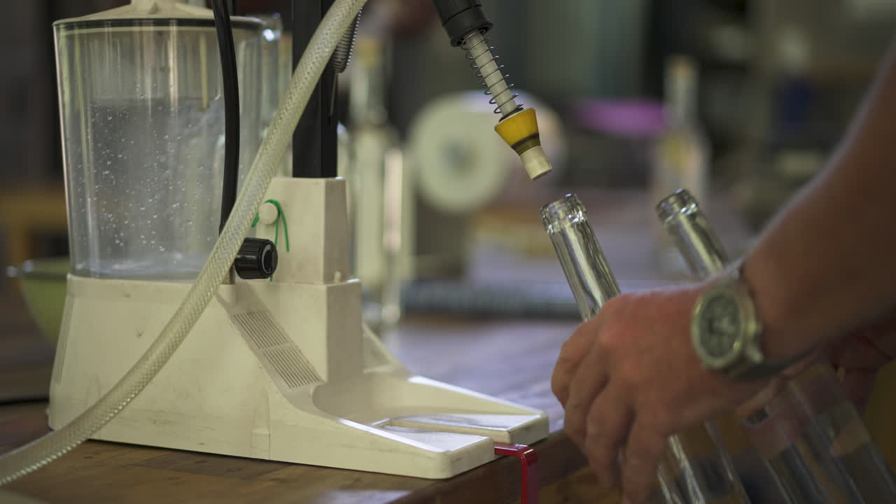 Glass bottle of artisan gin is filled by small bottle filling machine at artisanal distillery