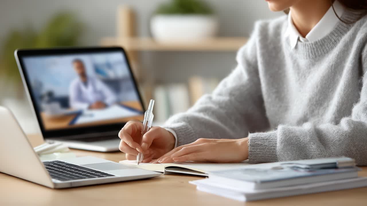 Focused Young Woman Engaged in Online Learning or Remote Work, Taking Notes While Attending a Video Conference from a Laptop at a Cozy Desk Setting