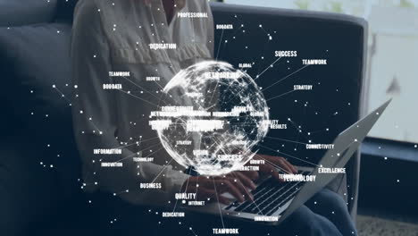 animation of network of connections and globe over biracial woman using laptop