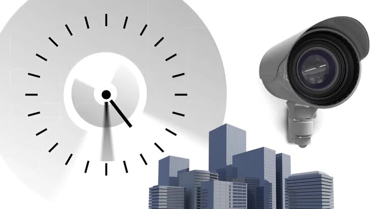 Animazione di un orologio che si muove velocemente e di una telecamera che registra, con un paesaggio urbano sullo sfondo.