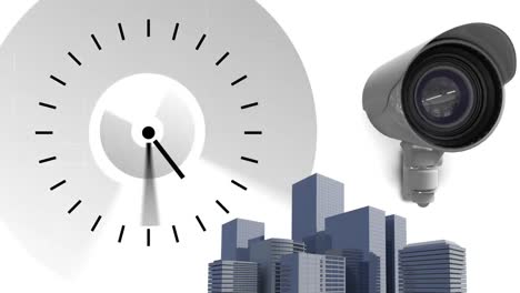 Animation-of-clock-moving-fast-and-camera-recording-with-cityscape-in-the-background.-