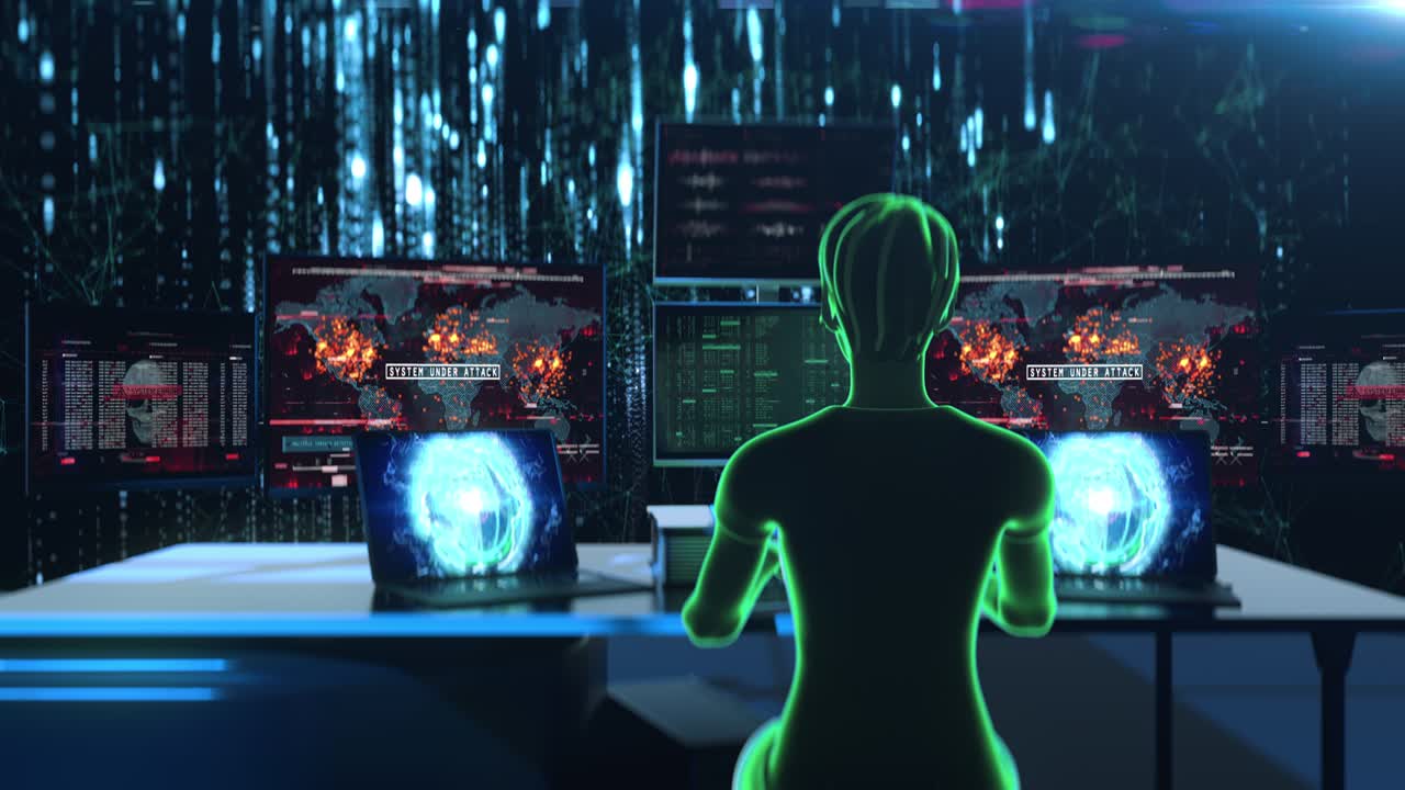 Virtual reality hacking, female hacker typing code, bypassing firewalls, attack