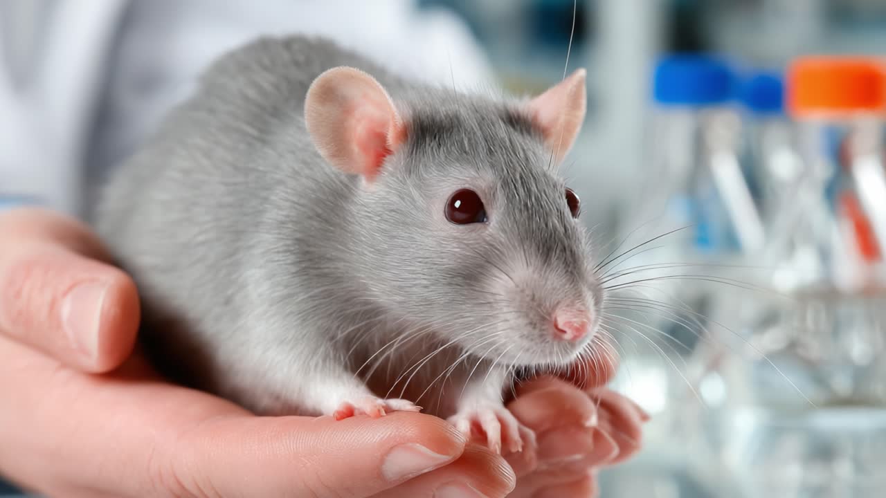 A Close-Up View of a Gray Laboratory Rat Residing in the Hands of a Researcher, Showcasing Its Features Against a Laboratory Background