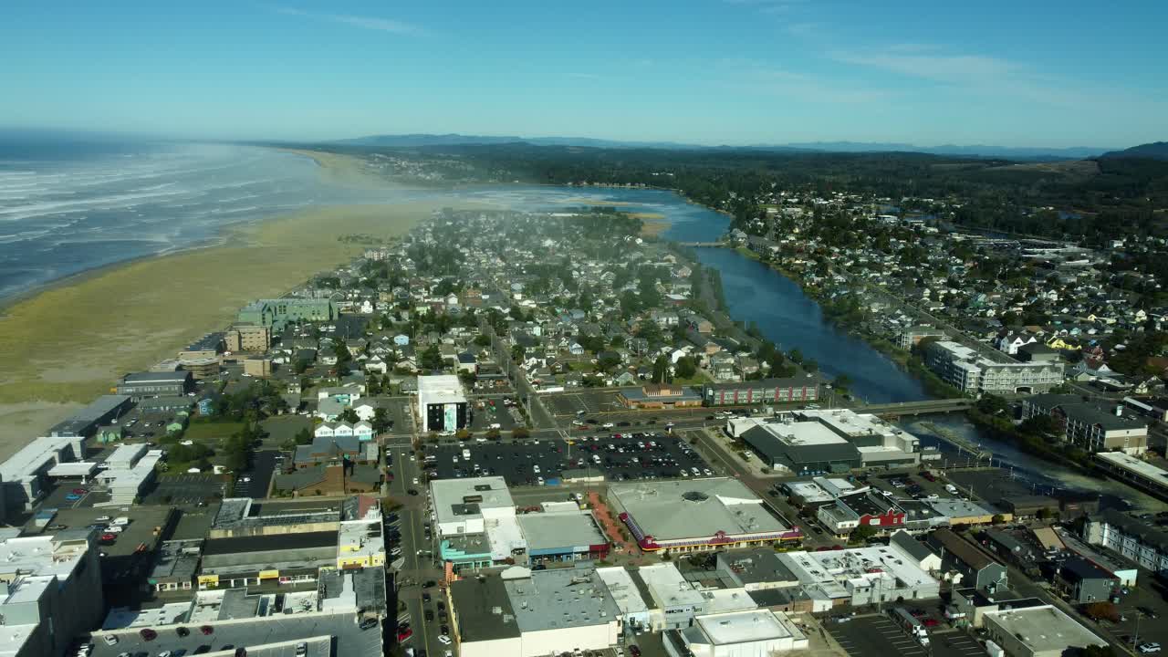 US, OR, Seaside, 2025-10-21 - Drone view of the coastal city on the coast in fall