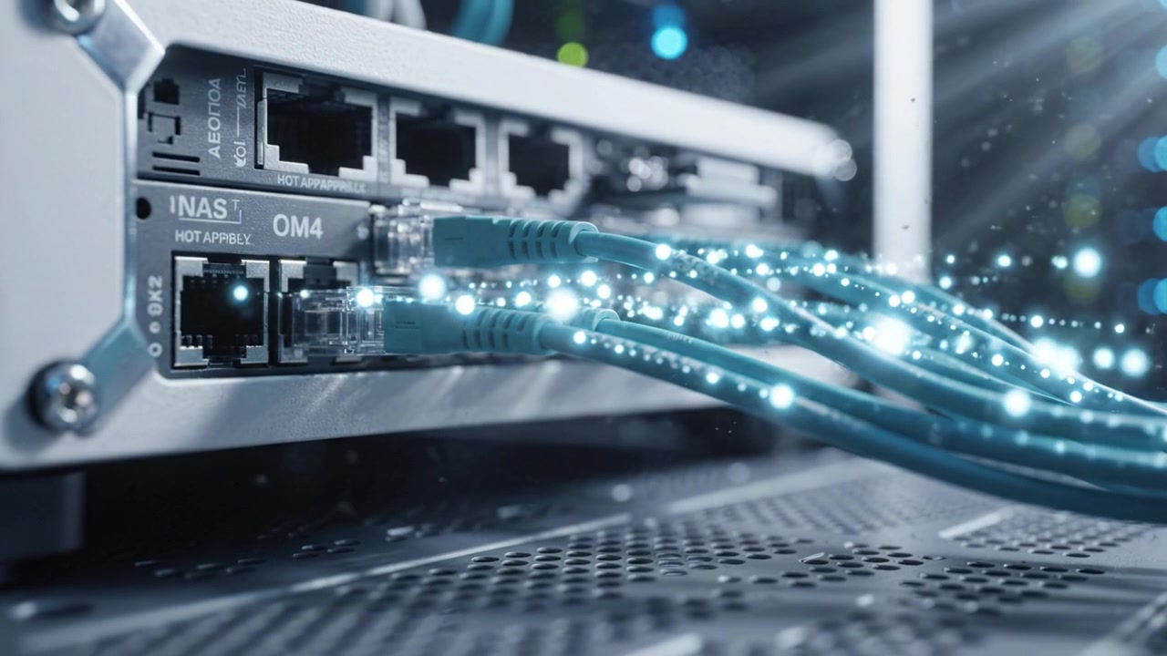 A Close-Up View of Advanced Networking Equipment Highlighting Cables Connecting to a High-Performance Server Providing Enhanced Data Transmission and Connectivity