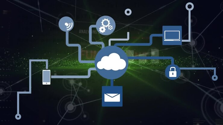 Animation of data processing over media icons