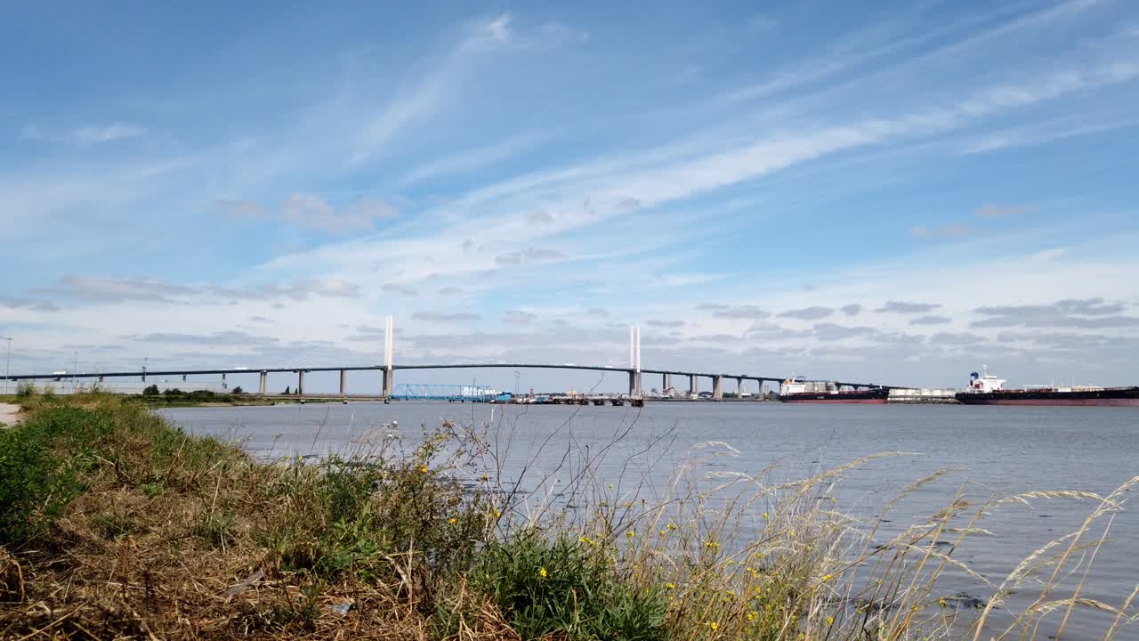 Stunning View of a Cable-Stayed Bridge over a River with Cargo Ships