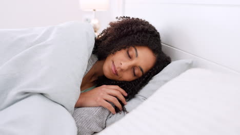 sleep, bed and relax with a happy woman