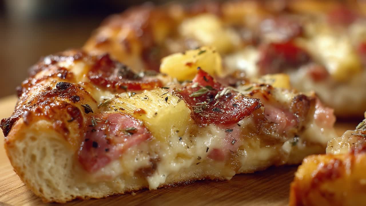 Deliziosa e saporita fetta di pizza ricca di formaggio, condita con prosciutto, ananas ed erbe aromatiche, che cattura la crosta dorata perfetta con formaggio fuso in ogni fotogramma