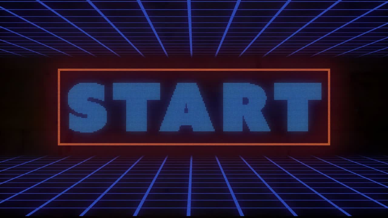 Animation of start text banner over grid network in seamless pattern against black background
