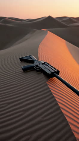 rifle in desert landscape at sunrise/sunset