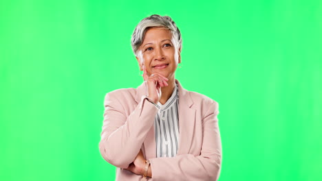 Thinking,-idea-and-business-woman-on-green-screen