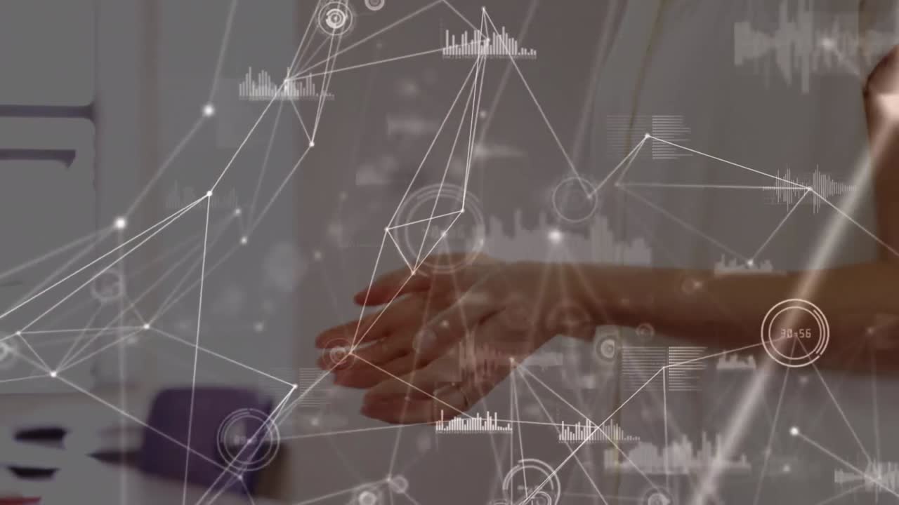 수업 중에 행복한 백인 여성 교사에 대한 연결 네트워크의 애니메이션